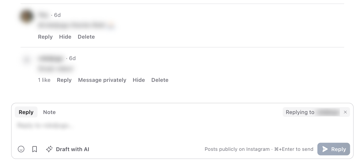 Comment thread with Reply, Message privately, Hide and Delete, and the reply box replying to a comment
