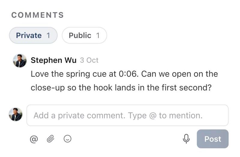 Comments with Private selected, showing a private team note and the Add a private comment box