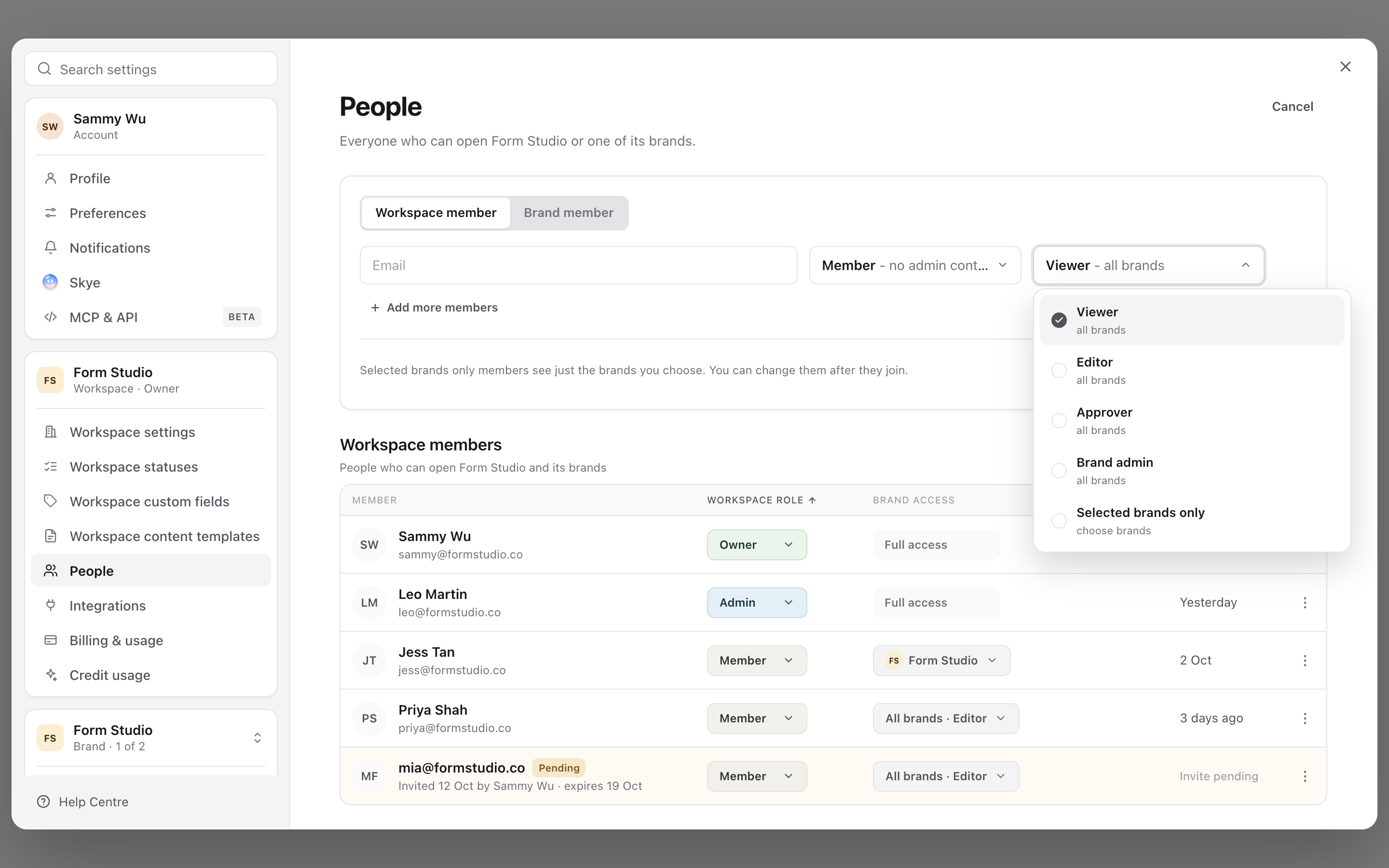 Invite people form with the brand access menu open: Viewer, Editor, Approver and Brand admin for all brands, or Selected brands only