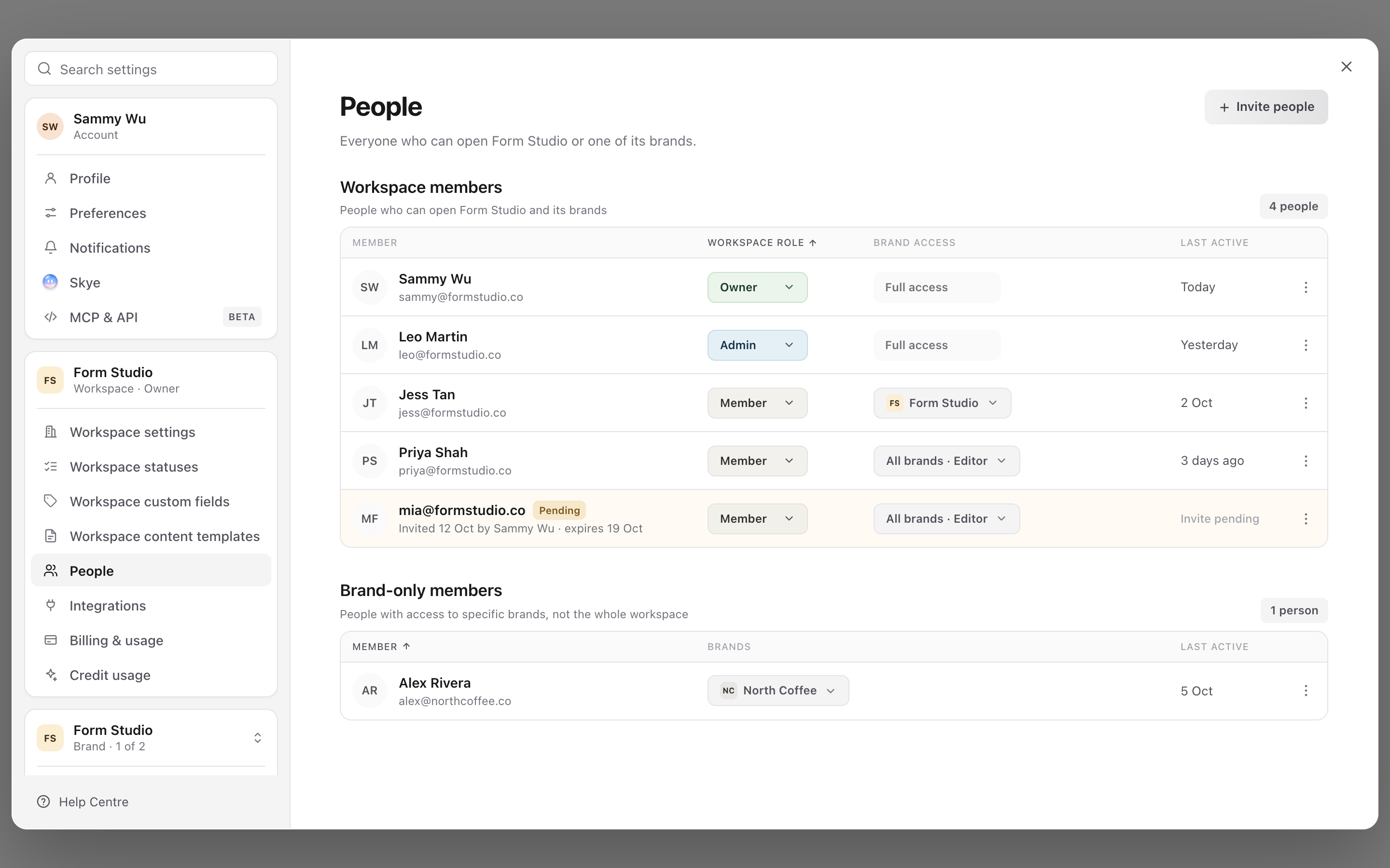 People settings with workspace members, their roles and brand access, a pending invitation and a brand-only member