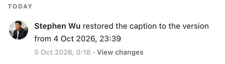 Activity row recording that a caption was restored to an earlier version