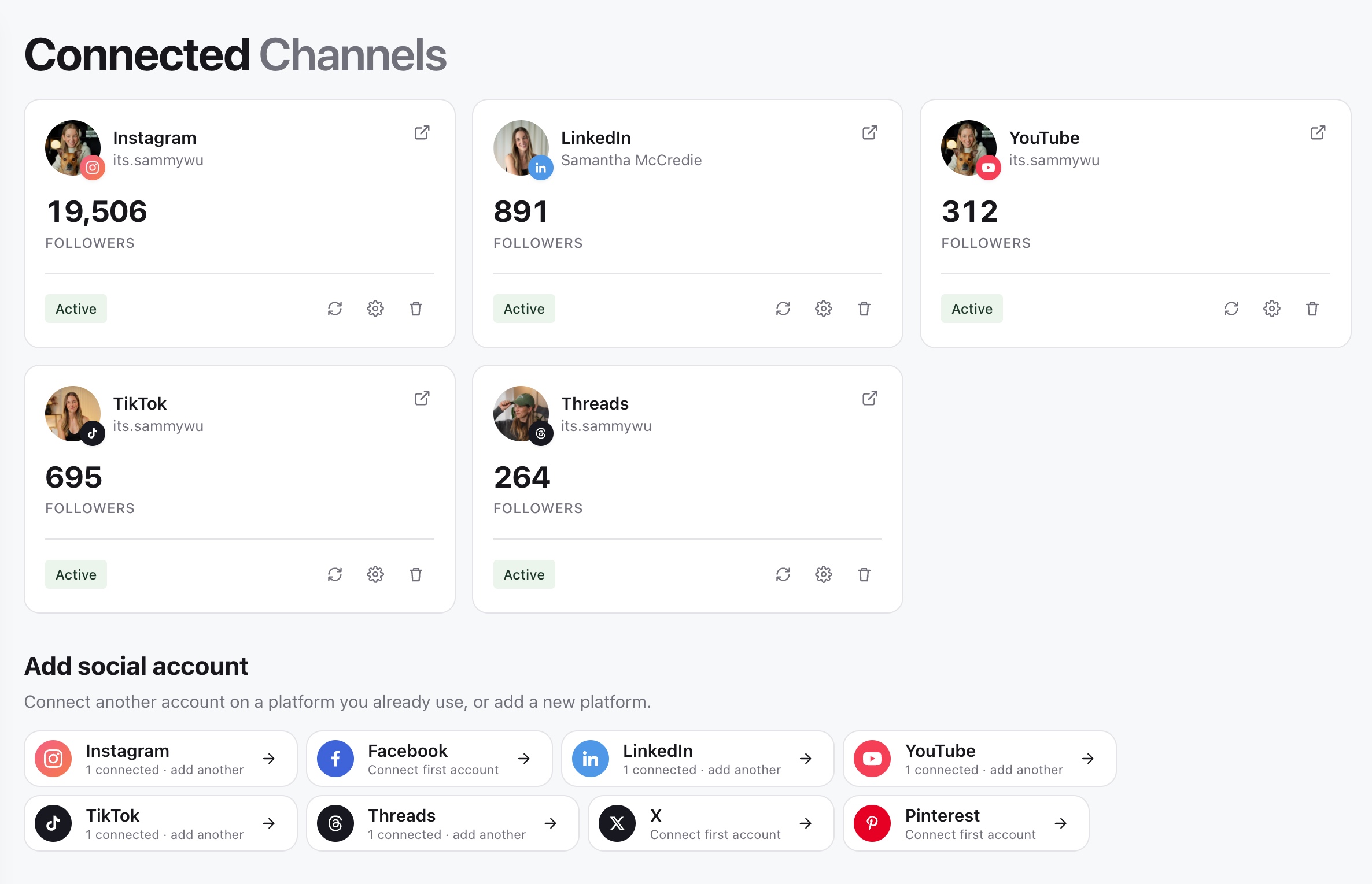 Connected Channels page showing the social profiles attached to the current brand