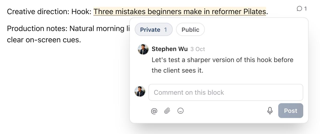 A private comment on the hook in the Plan, with Private and Public at the top of the comment box