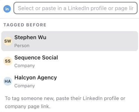 LinkedIn tag menu showing people and companies tagged before