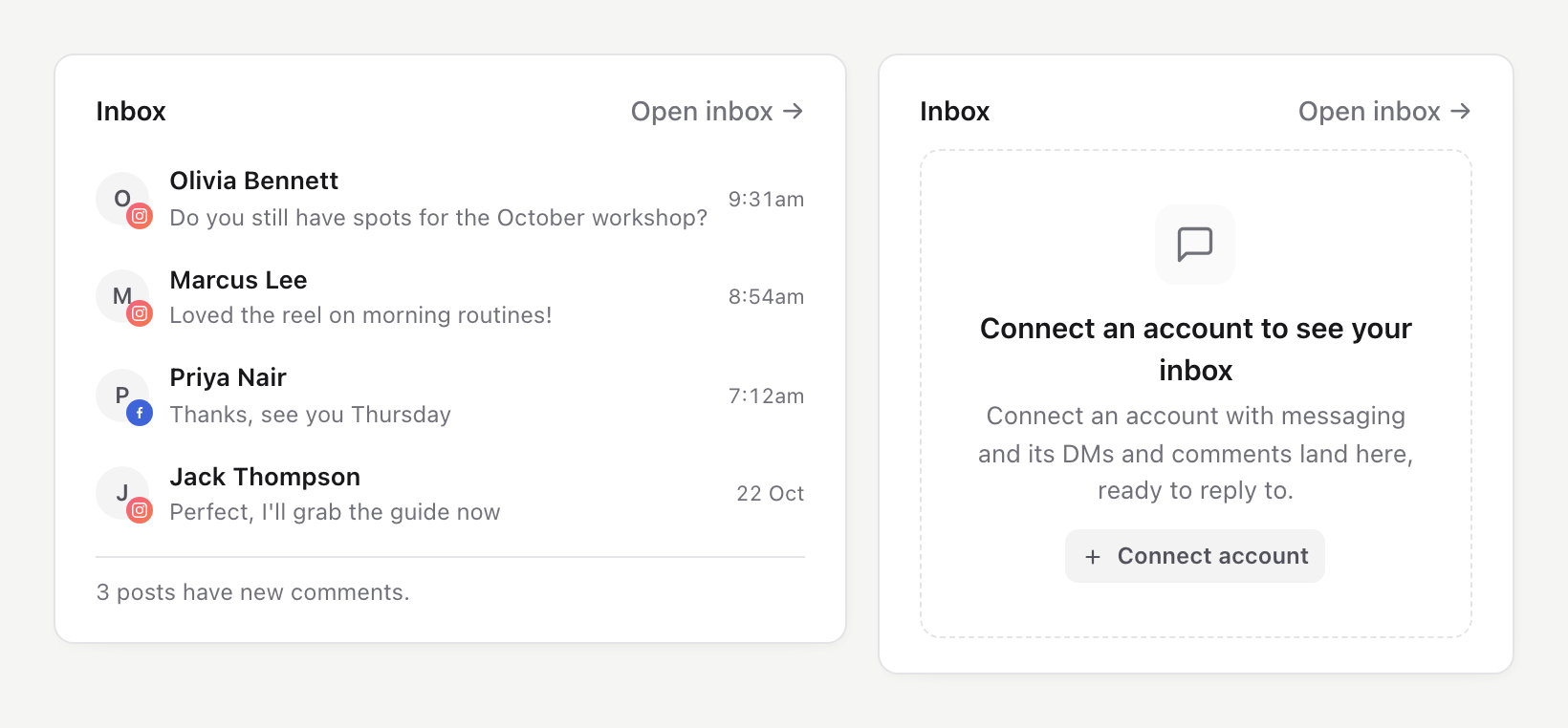 Inbox card with the latest DMs and a comments line, beside the Connect an account to see your inbox prompt