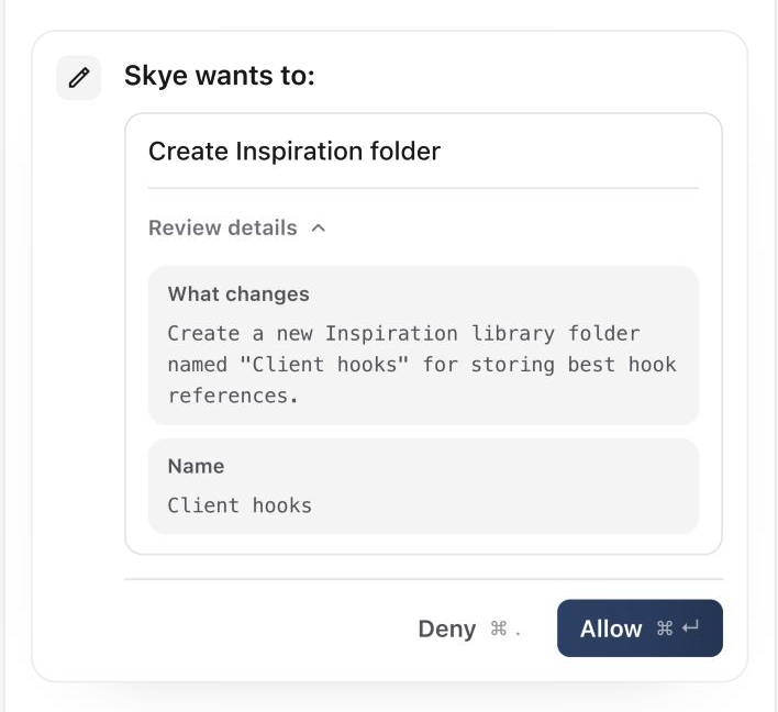 Skye wants to: Create Inspiration folder, with Review details open showing What changes and the folder name Client hooks