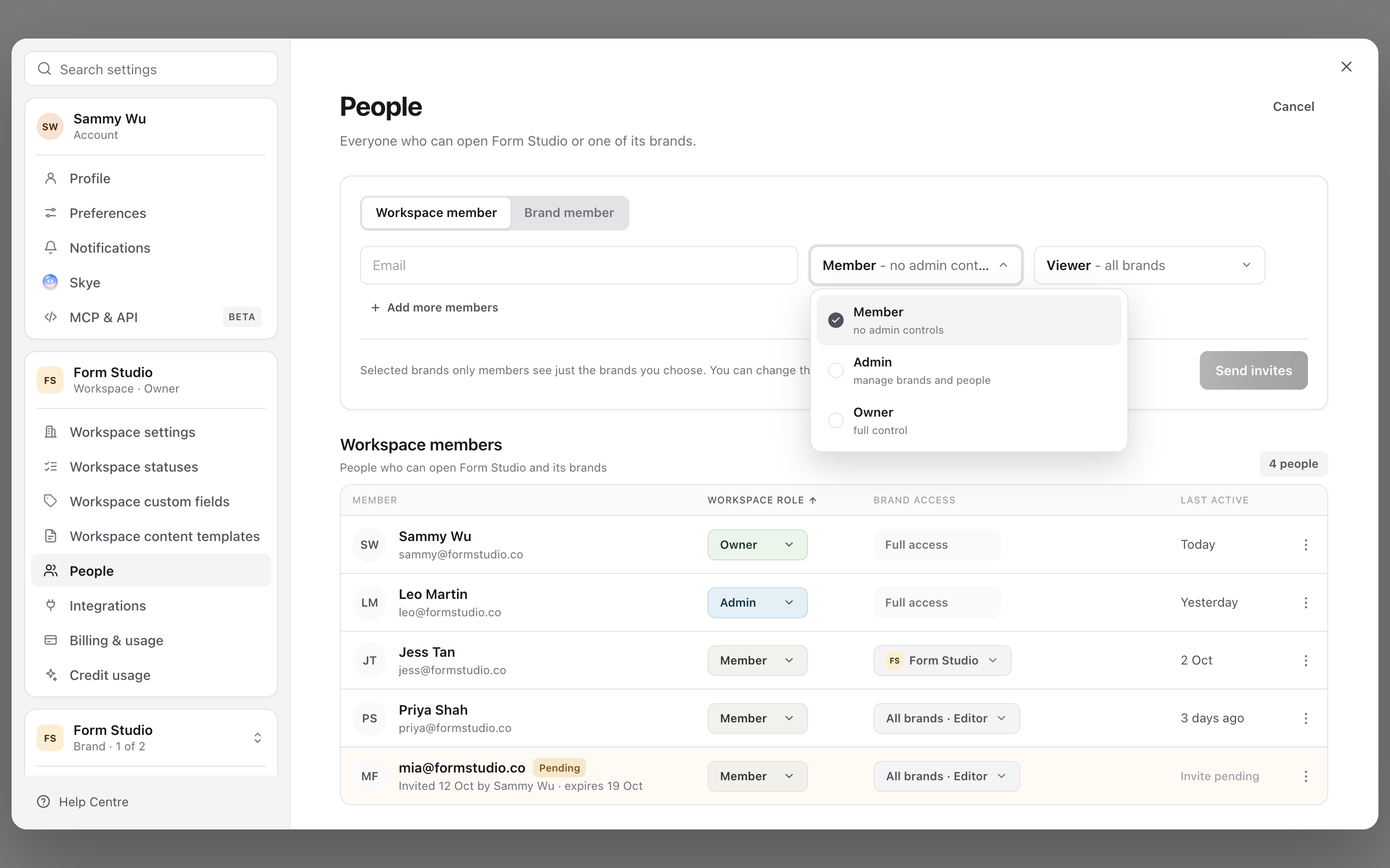 Invite people form with the workspace role menu open: Member, no admin controls; Admin, manage brands and people; Owner, full control
