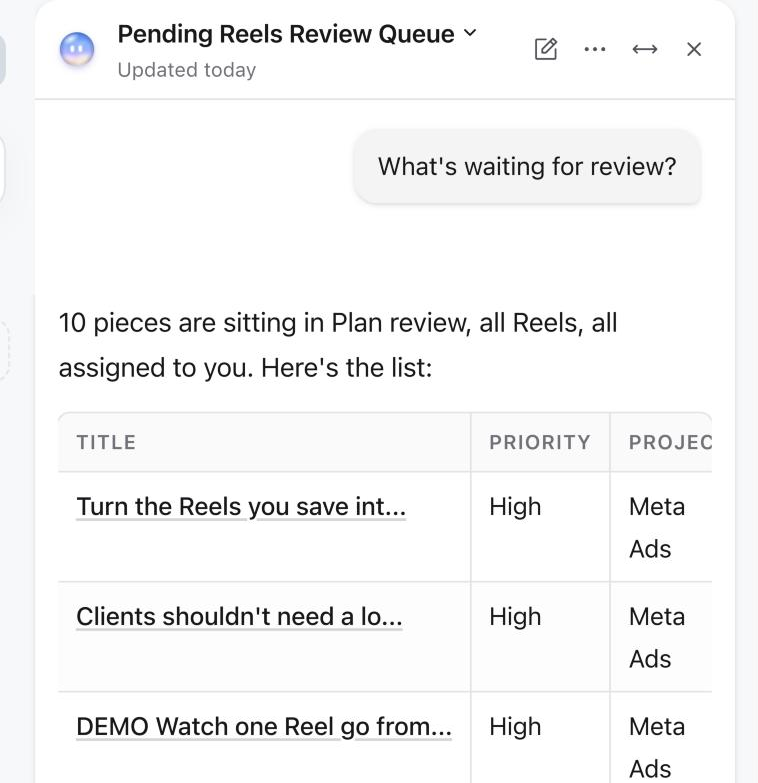 Skye's answer listing the 10 posts in Plan review with their priority and project