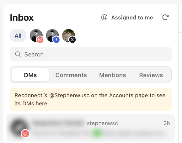 Inbox list with the Refresh button, account icons, Search, Assigned to me, the tabs and a reconnect notice