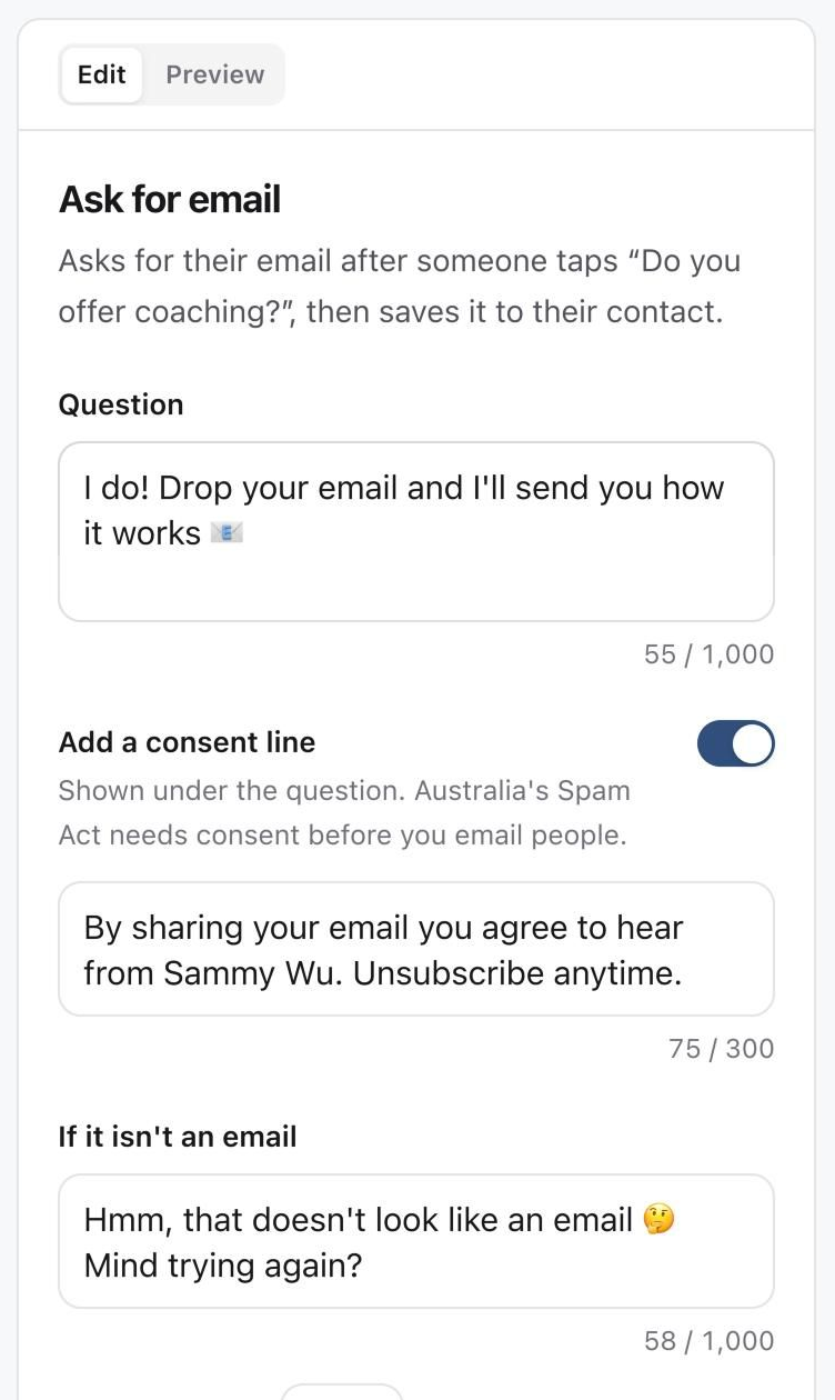 Ask for email settings with the question, consent line, retry message, thank-you message, tag and reply wait