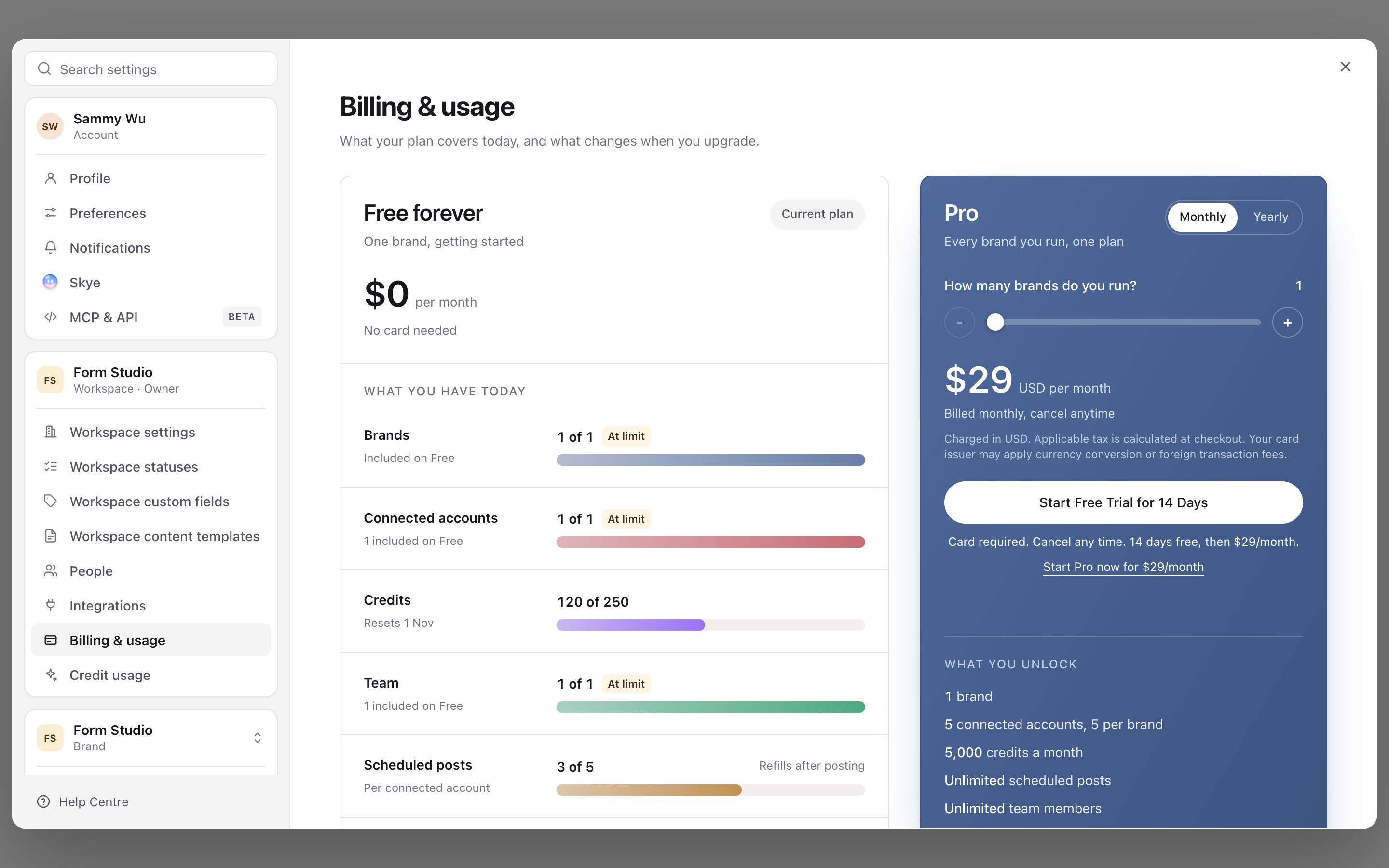 Billing & usage on the Free plan: brands, connected accounts, credits, team and scheduled posts against Free limits, beside the Pro panel on Monthly