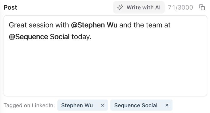 LinkedIn caption with Stephen Wu and Sequence Social tagged in bold