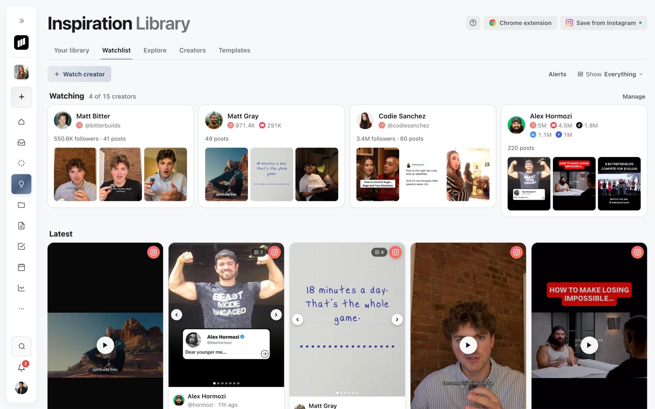 Watchlist tab with a card for each of the 4 of 15 creators watched, above their latest posts