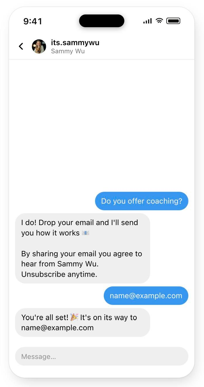Phone preview of an Ask for email step: the question, a reply with an email, and the thank-you message