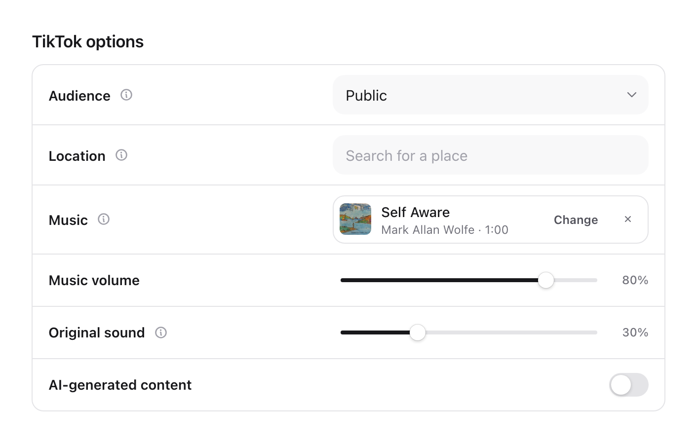 TikTok options with the track Self Aware chosen, Music volume at 80% and Original sound at 30%