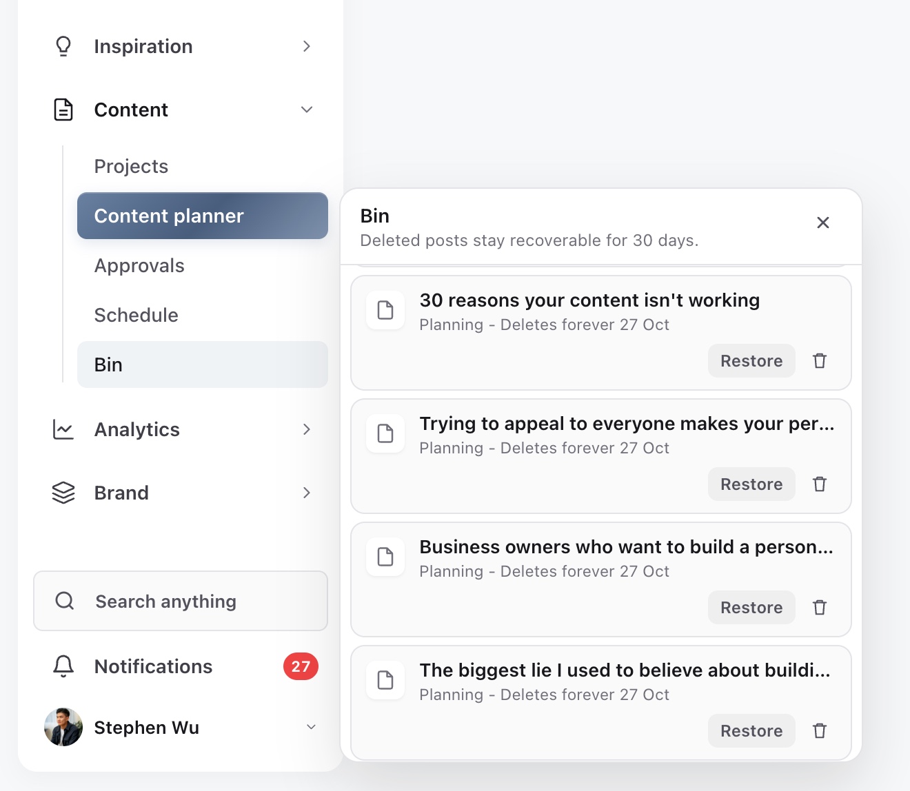 Bin panel open beside Bin under Content in the sidebar, listing deleted posts with their deletion dates and Restore controls