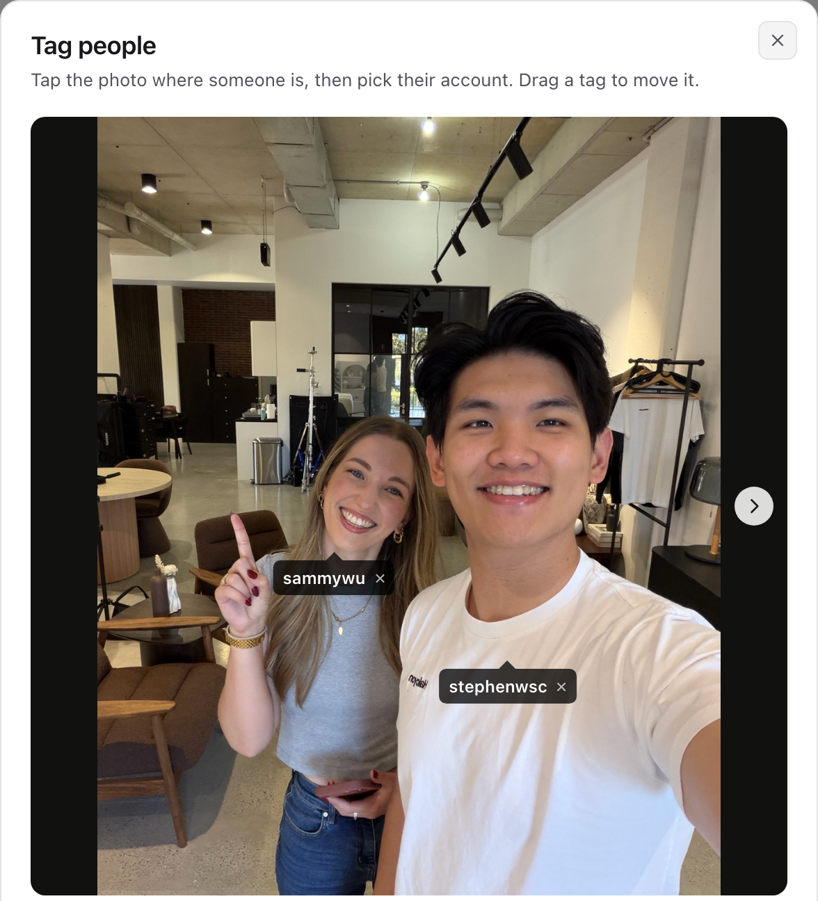 Two tags, @sammywu and @stephenwsc, placed on two people in the photo.