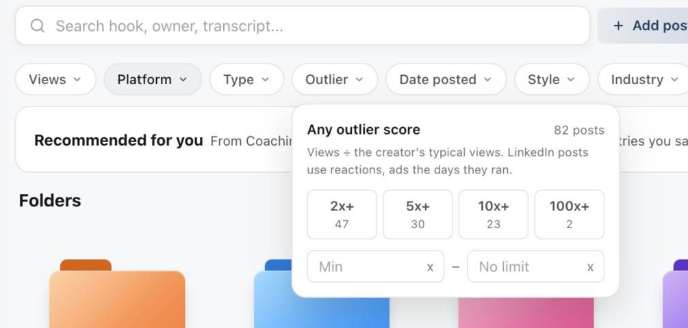 Outlier filter open with 2x+, 5x+, 10x+ and 100x+ options and a custom range