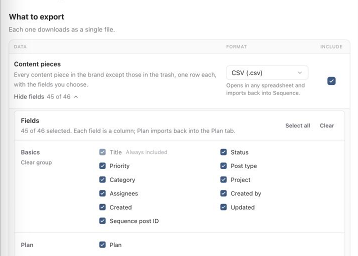 Field picker open under Content pieces with Basics and Plan fields ticked