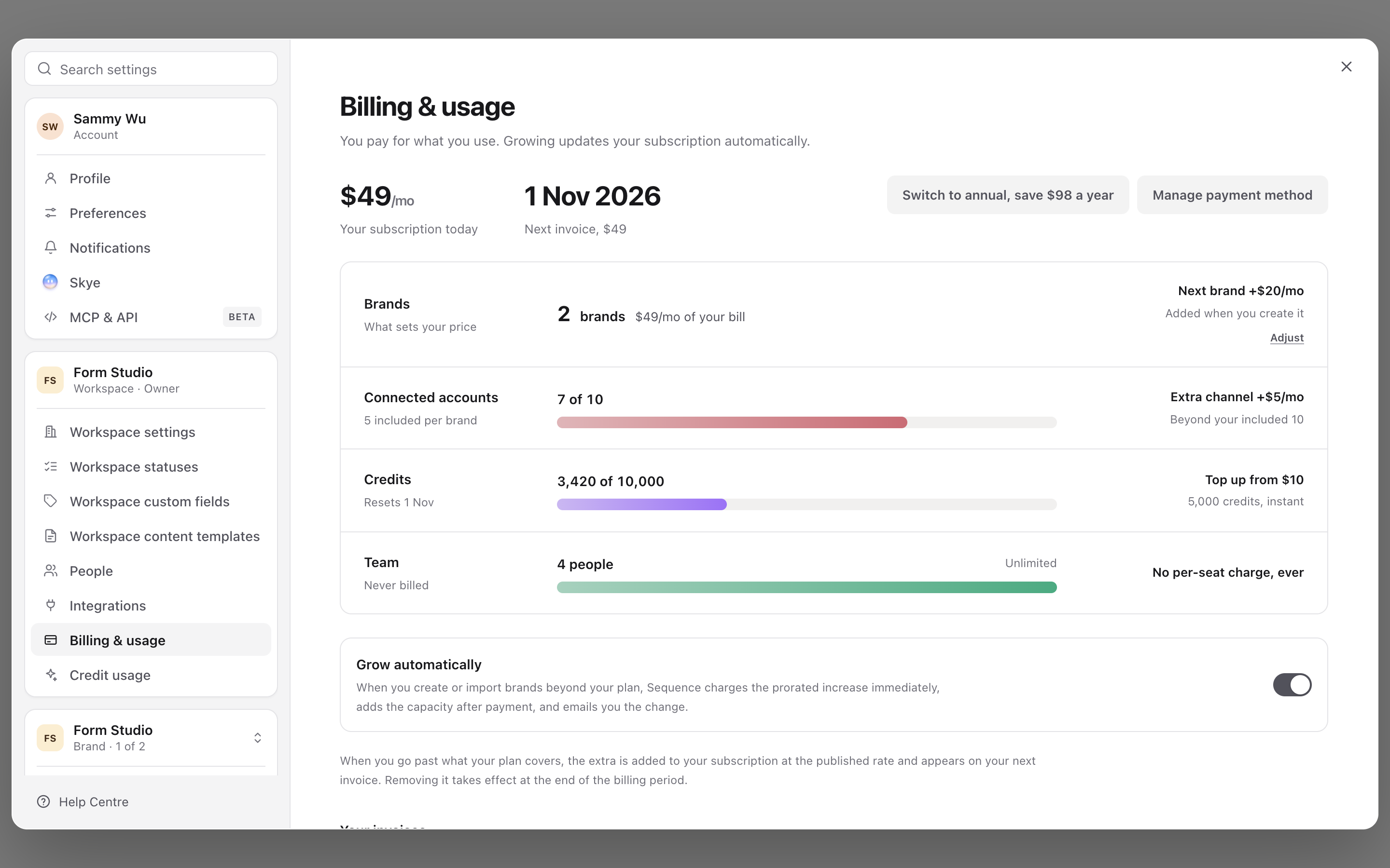 Settings with Billing & usage selected, under the workspace's settings, showing a Pro workspace's billing page