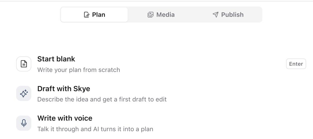 An empty Plan with Start blank, Draft with Skye and Write with voice