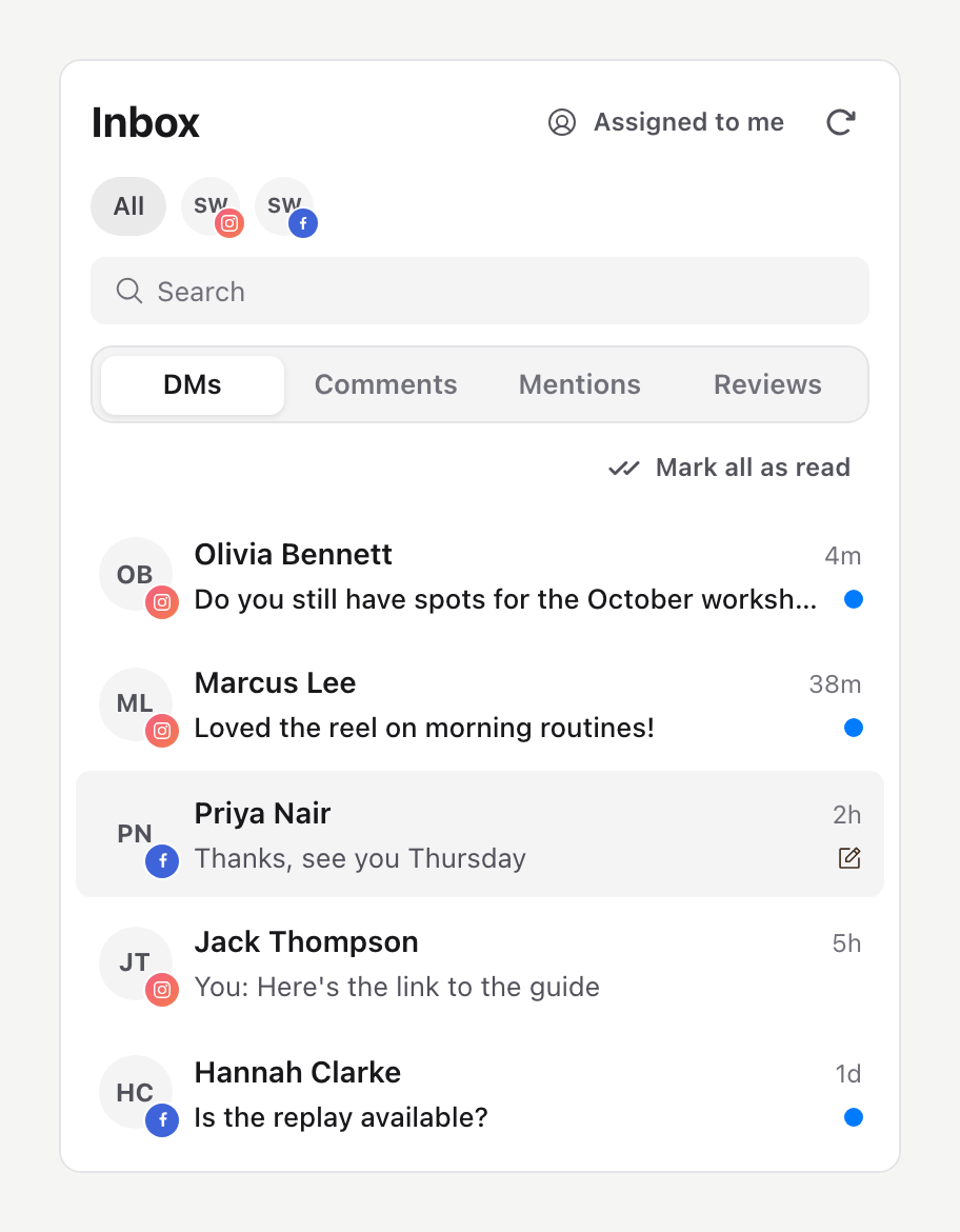 DMs tab with Mark all as read under the tabs and a blue needs-reply dot on three conversations