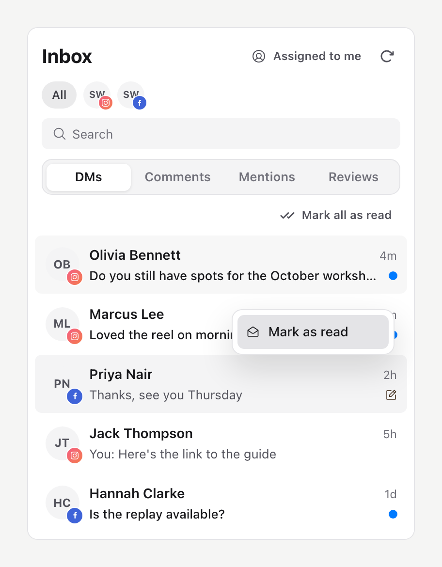 Right-click menu on a DM conversation showing Mark as read