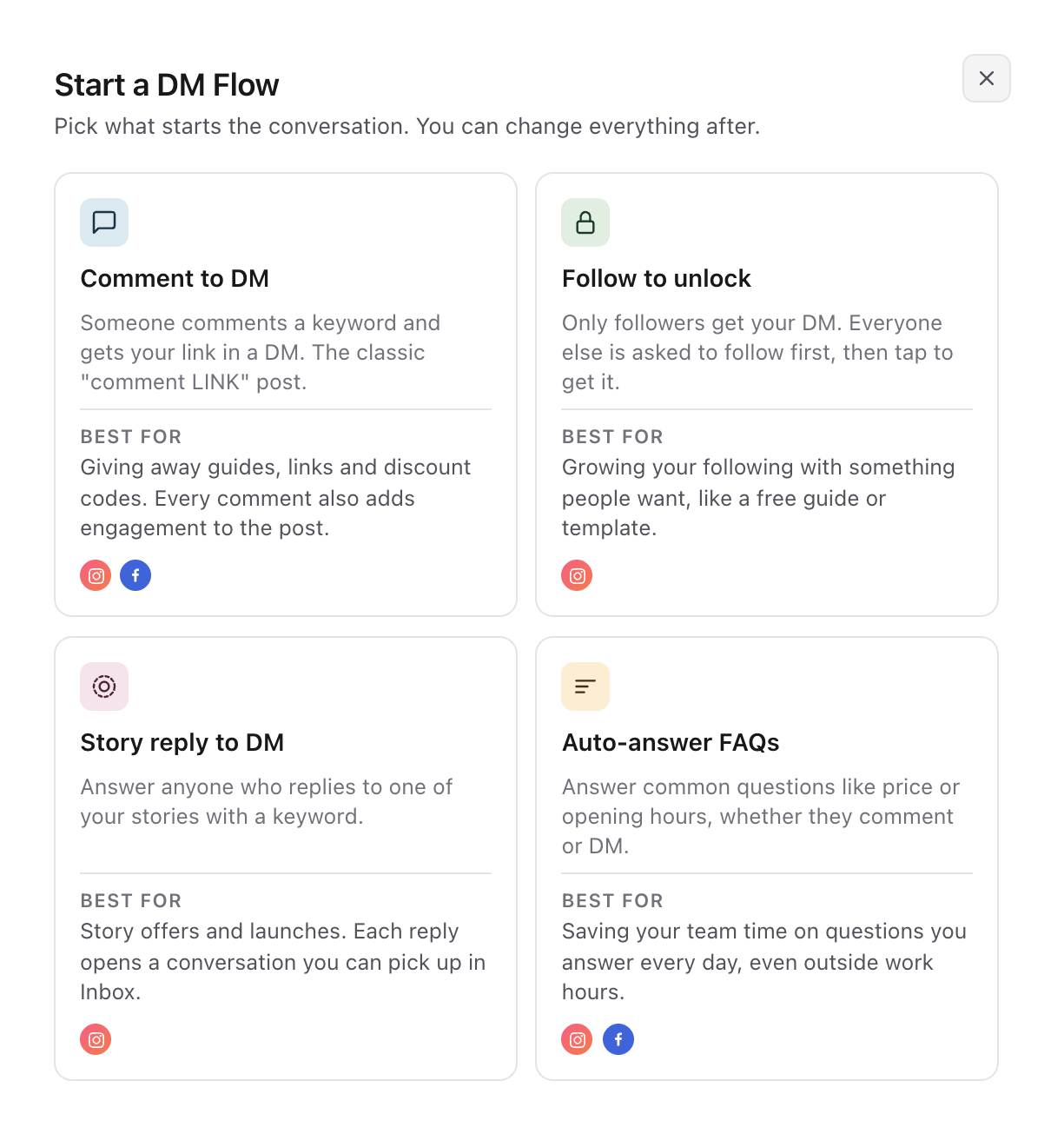 Start a DM Flow dialog with the Comment to DM, Follow to unlock, Story reply to DM and Auto-answer FAQs templates
