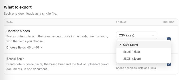 Content pieces format menu open with CSV, Excel and JSON