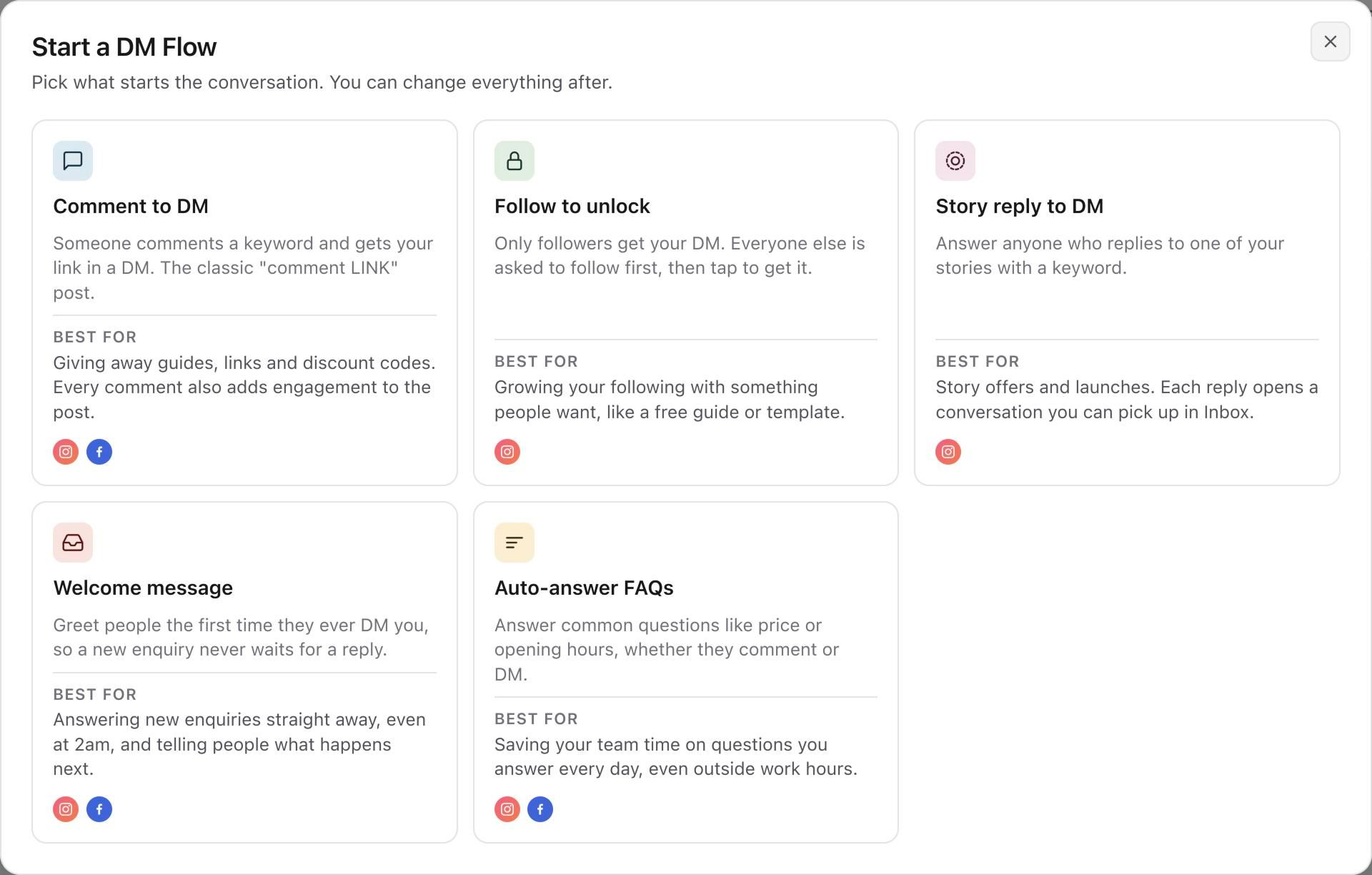 Start a DM Flow dialog with the Comment to DM, Follow to unlock, Story reply to DM, Welcome message and Auto-answer FAQs templates