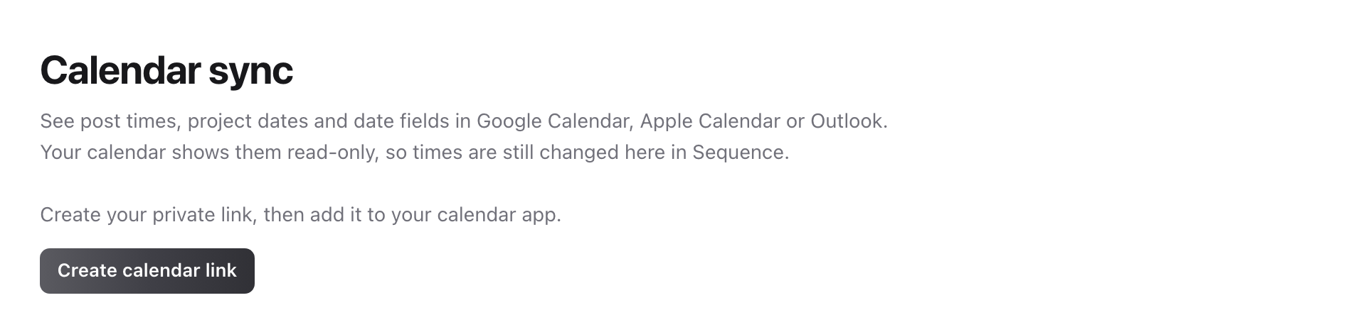 Calendar sync before your link is created, with the Create calendar link button.