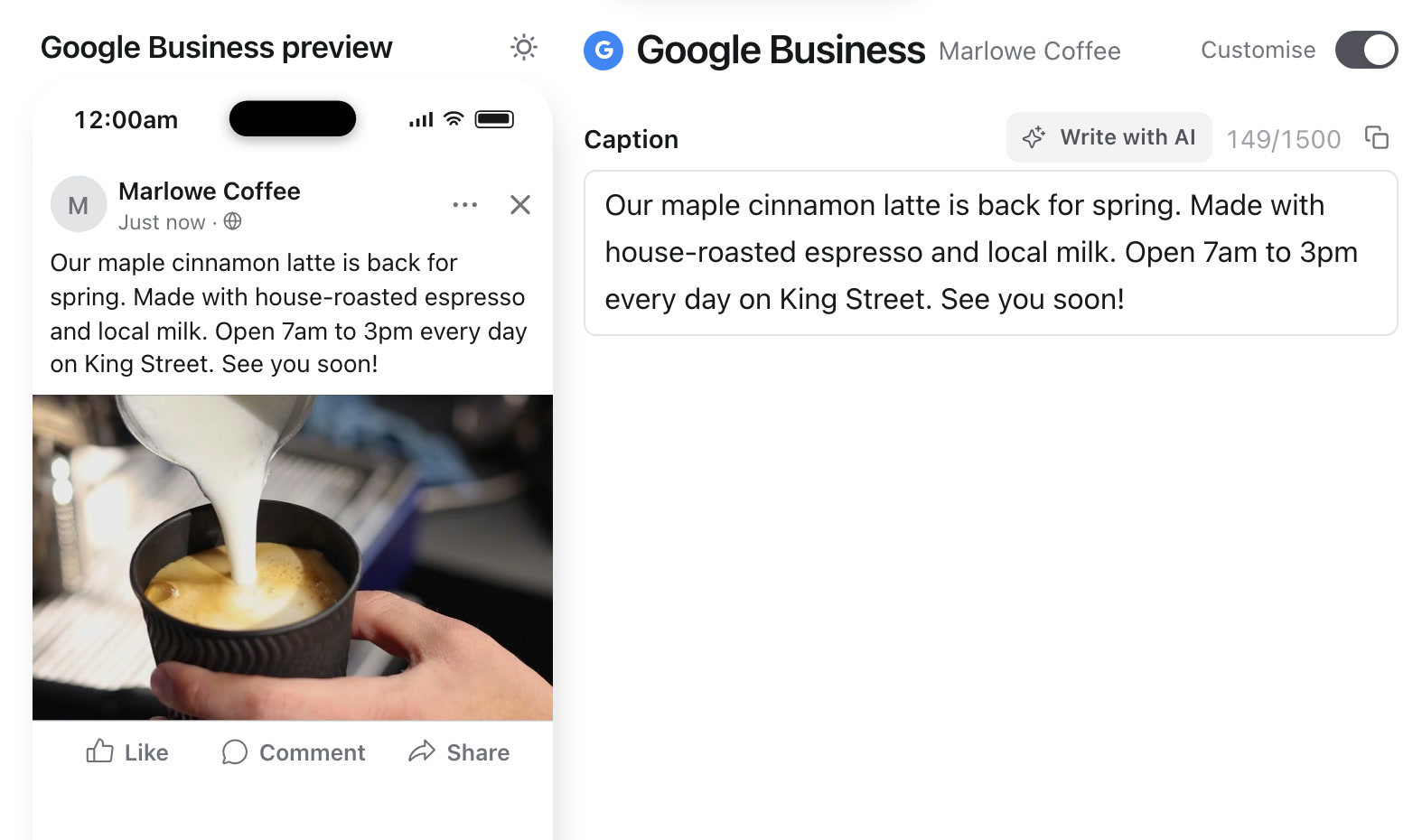 Google Business preview of a café photo post beside the Google Business caption field, showing 149 of 1,500 characters.