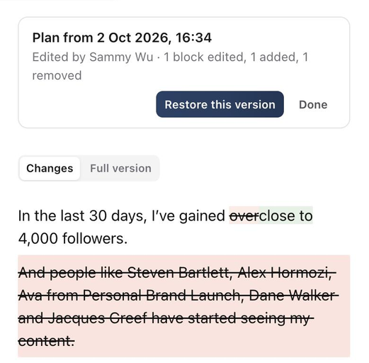 An earlier Plan version with changed words marked, a removed paragraph struck through, and the Restore this version button