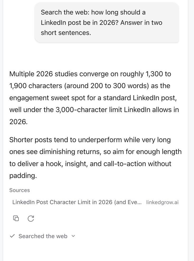 Skye answering a question about LinkedIn post length, with a source under Sources and Searched the web