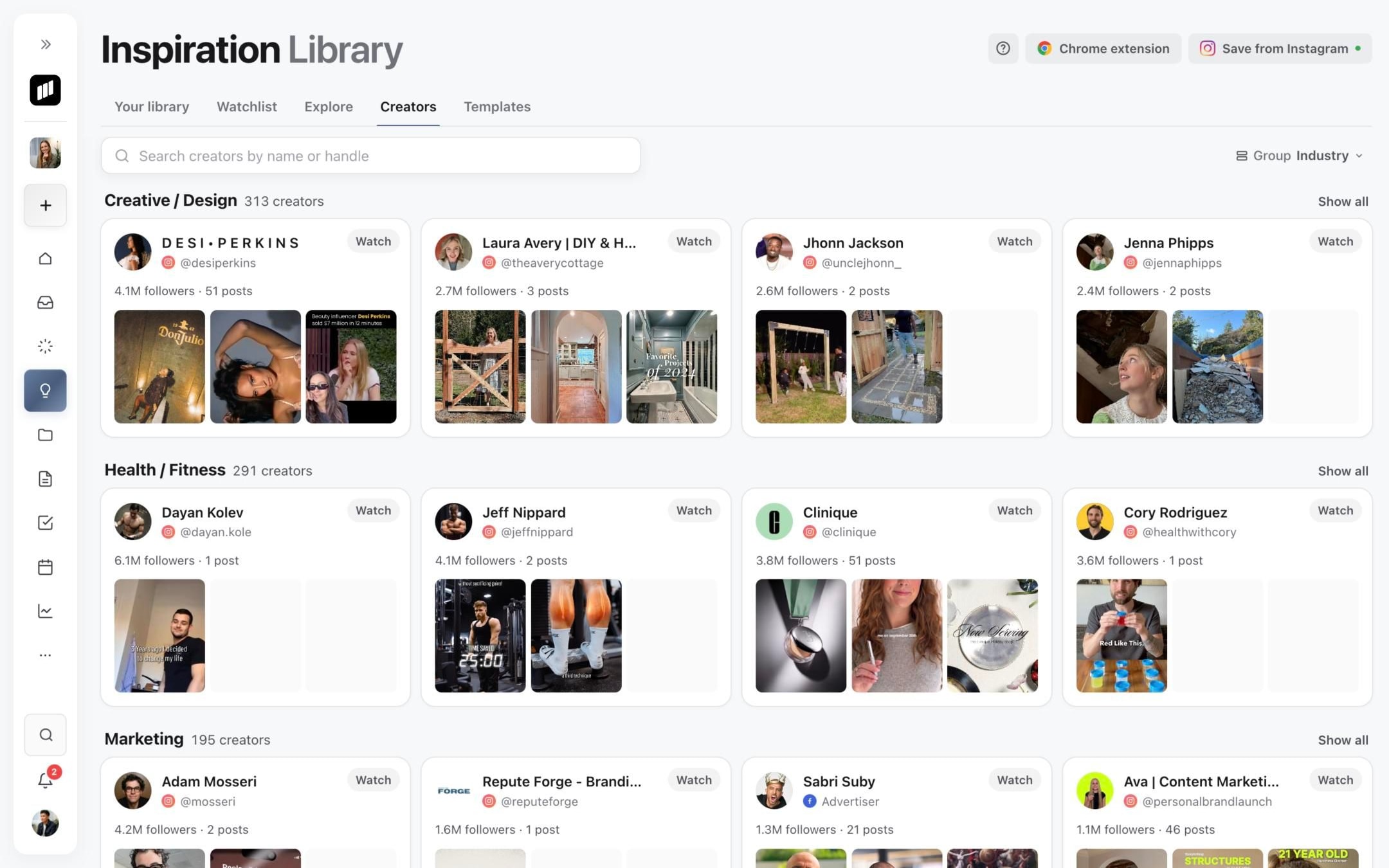 Creators tab grouped by industry, with each creator's followers, post count and Watch button