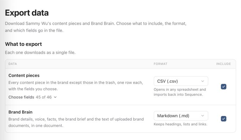 Export data settings with Content pieces and Brand Brain both ticked