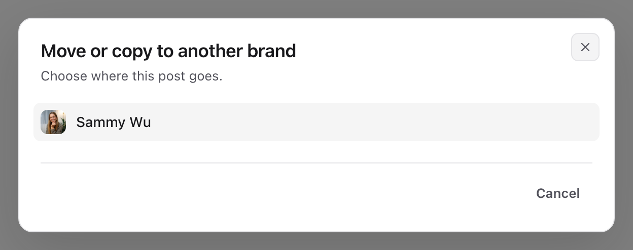 Move or copy dialog asking where the post goes, with the brand Sammy Wu listed