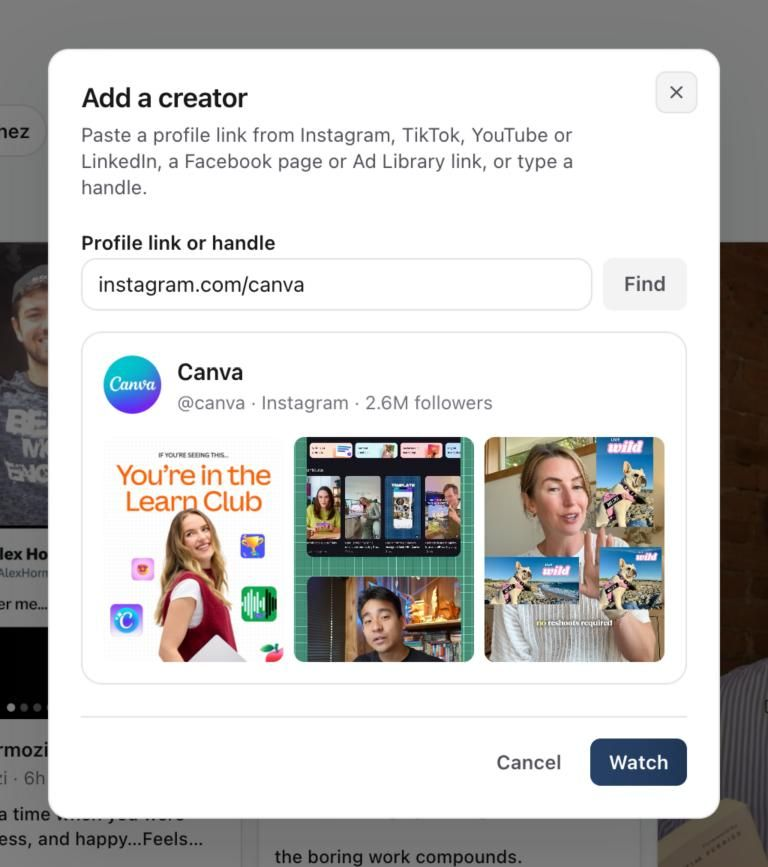 Add a creator window showing a found Instagram profile with its recent posts and the Watch button