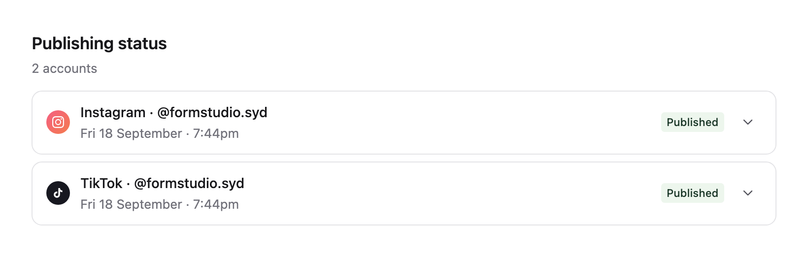 Publishing status with collapsed Instagram and TikTok account rows, each marked Published.