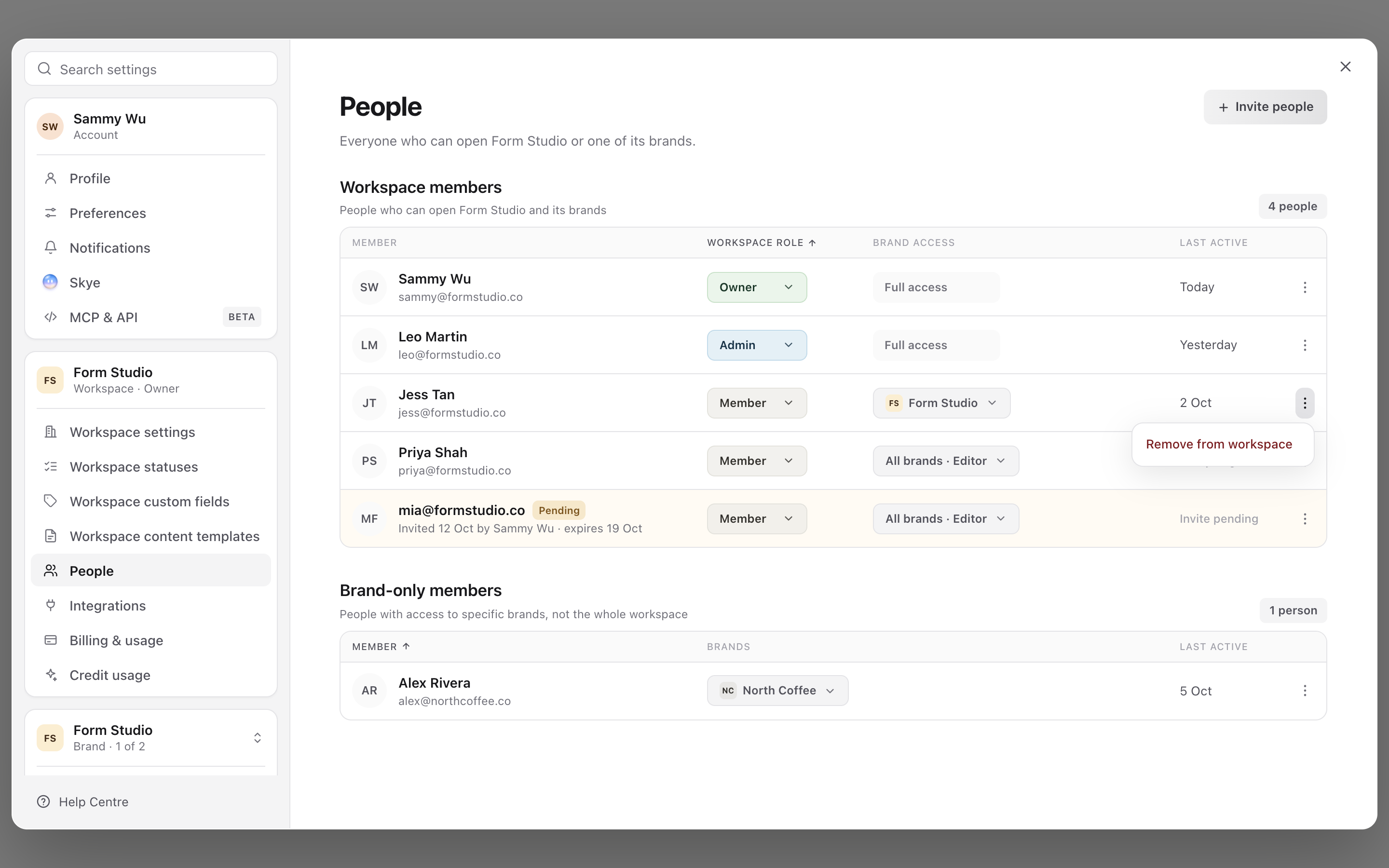 A member's actions menu on the People page showing Remove from workspace