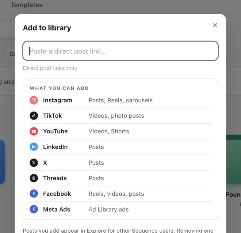 Add to library window listing what you can add from each platform