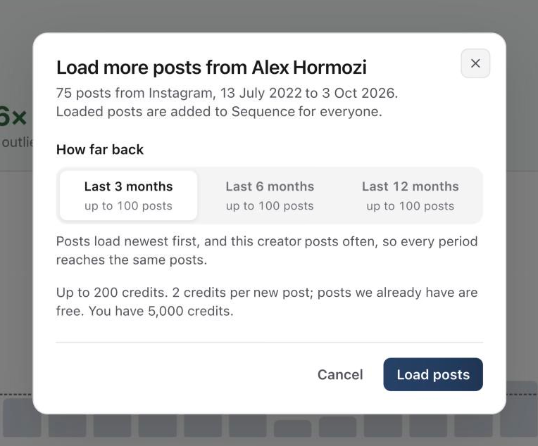 Load more posts window with three periods of up to 100 posts each, a note that every period reaches the same posts, and the line Up to 200 credits, 2 credits per new post
