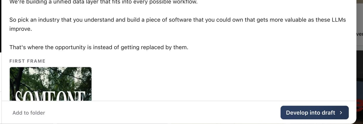 An analysed reference open, with its transcript, Add to folder and Develop into draft