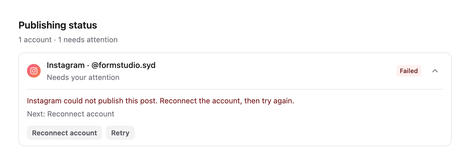 Failed Instagram account showing its error, Reconnect account and Retry controls.