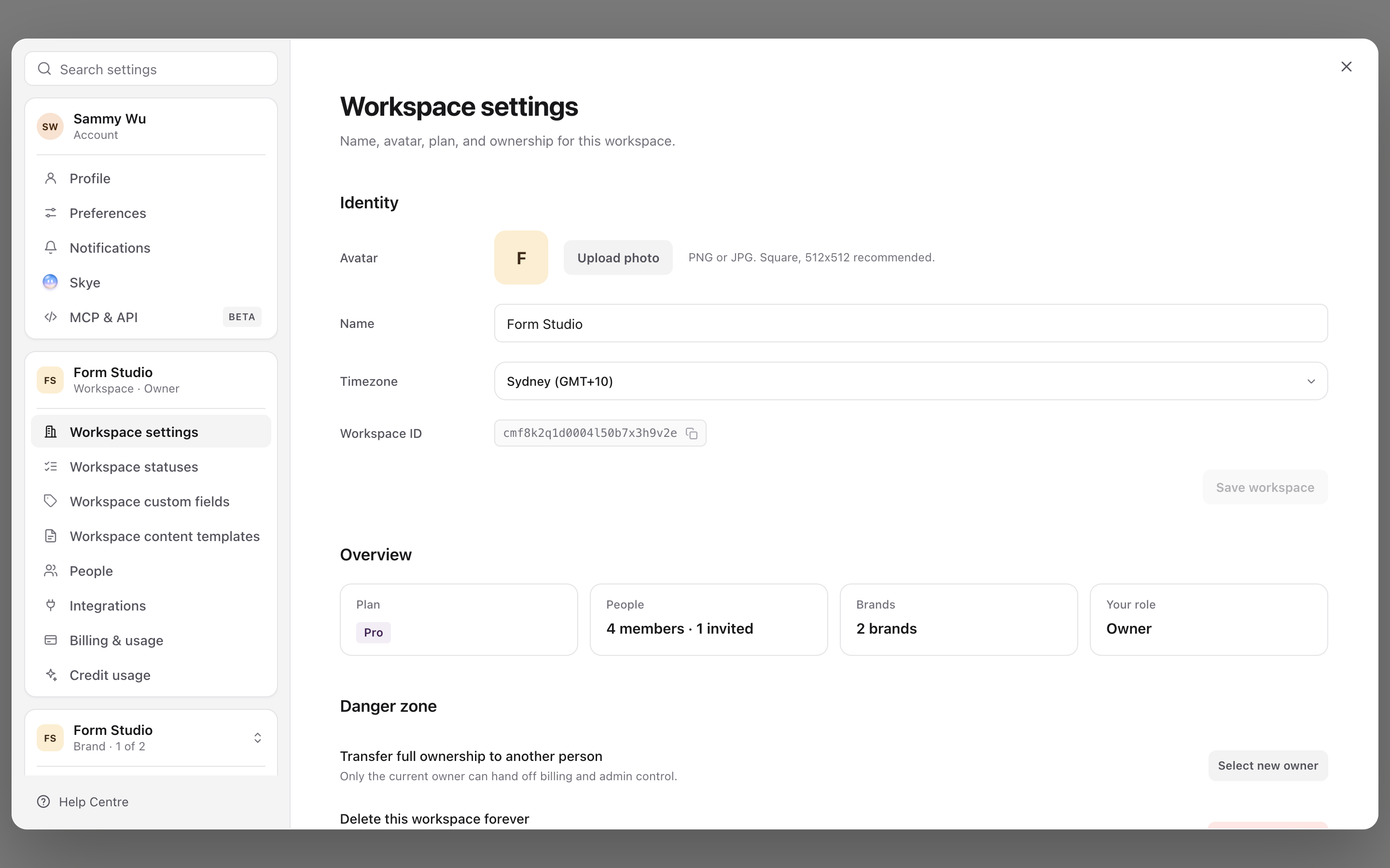 Workspace settings for Form Studio with name, logo, plan, people and timezone