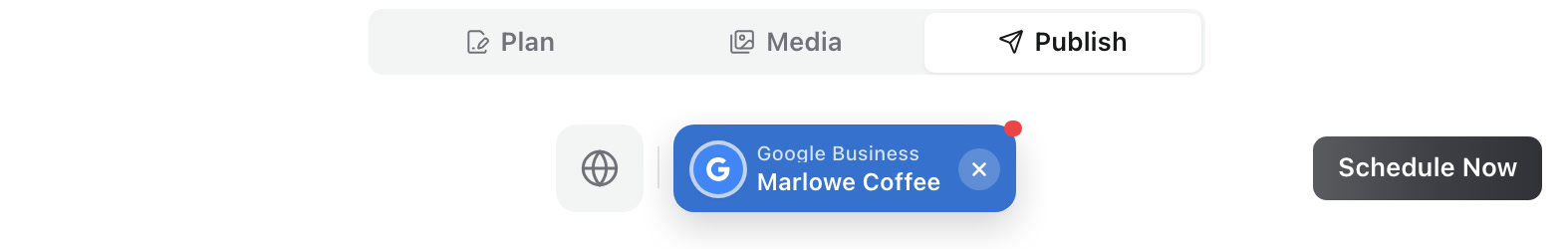 The Publish tab with the Google Business account Marlowe Coffee selected beside Schedule Now.