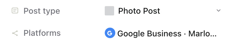 The content piece side panel with Post type set to Photo Post and the Google Business account under Platforms.