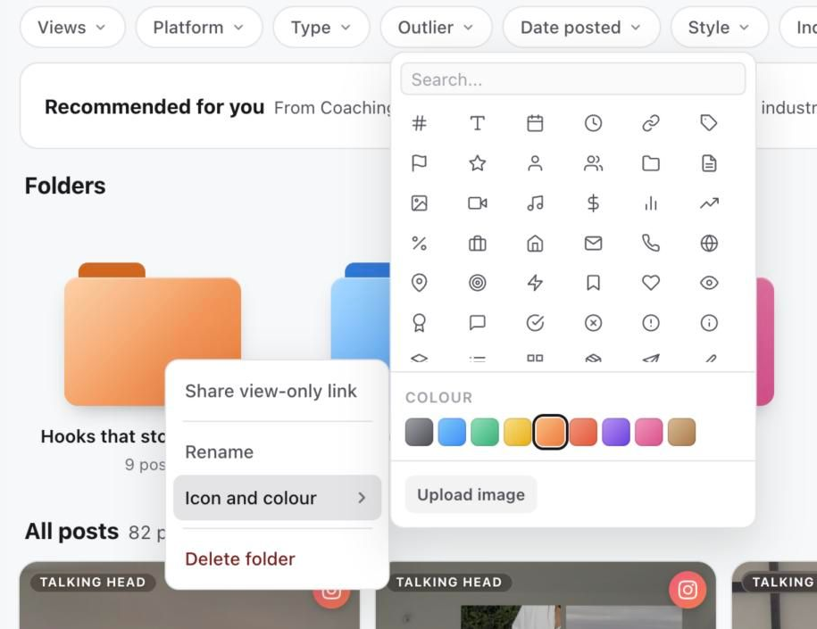Folder menu with the Icon and colour picker showing icons, colours and Upload image