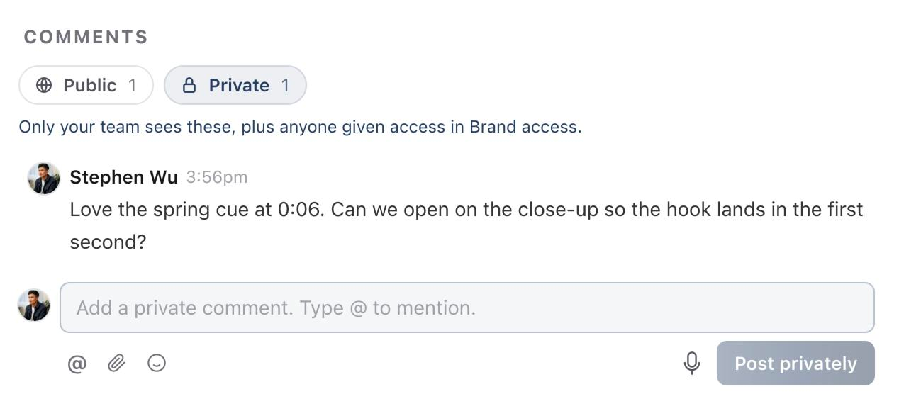Comments with Private selected, showing the lock icon, the line explaining who sees Private comments, a team note and the tinted comment box with Post privately