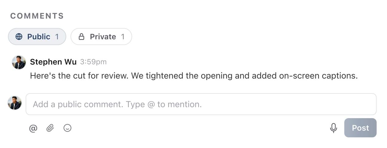 Comments with Public selected first, showing a comment for the client and the Add a public comment box
